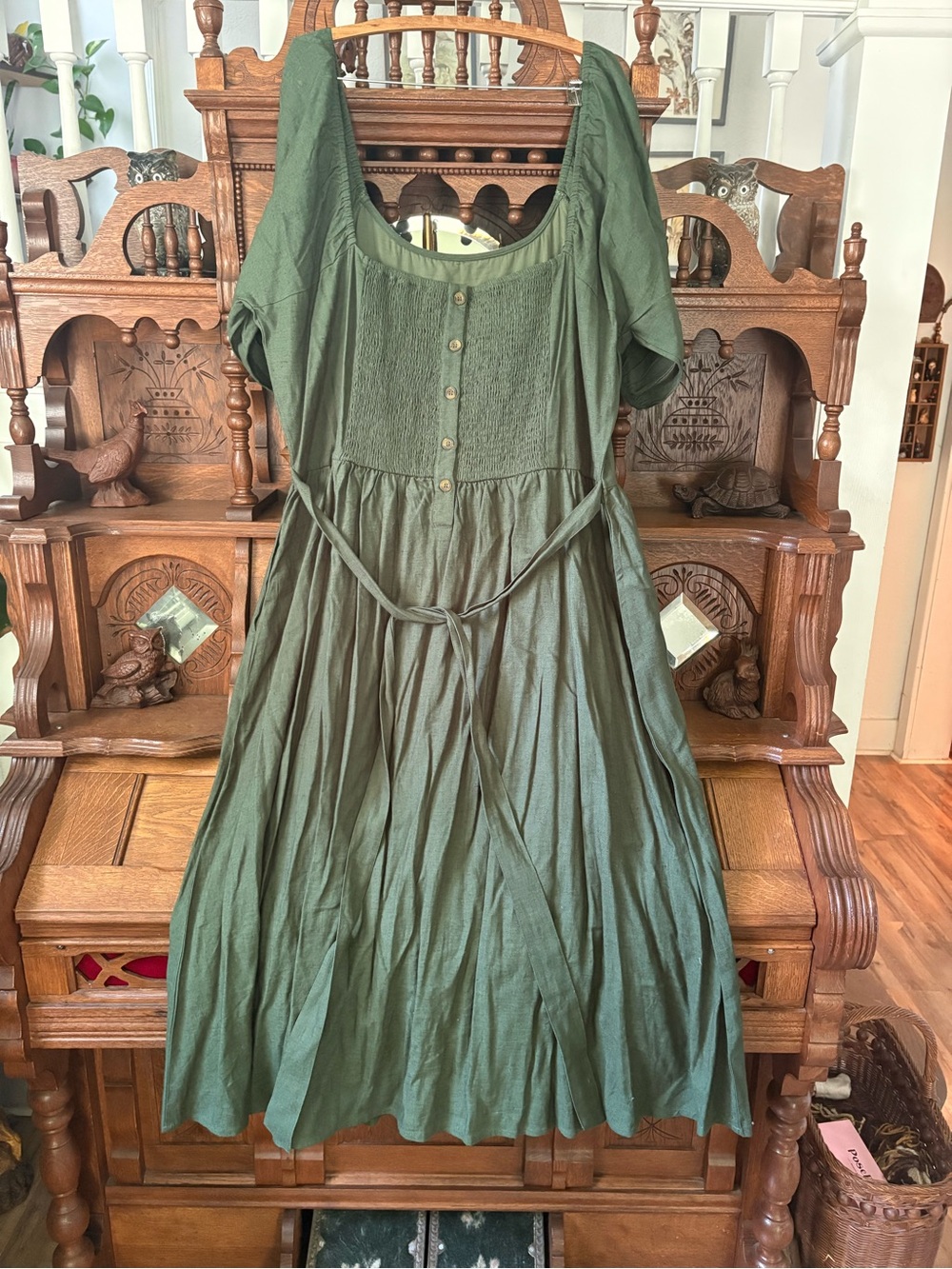 Little Cottonwood Women's Olive Green Midi Dress with Tie Waist